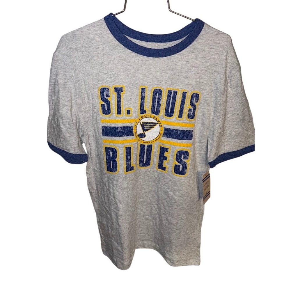 NHL St. Louis Blues Mens Ringer T-Shirt Gray Blue Distressed Graphic Tee Small